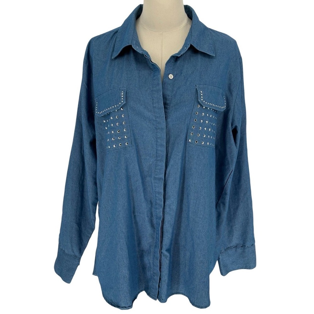 NY Collection Shirt Blue‎ Studded Pockets 100% Cotton 1X